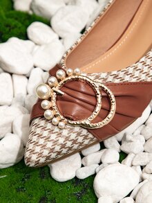 千鳥格圖案扣飾和人造珍珠裝飾芭蕾舞鞋 - 彩色 - 查看 5