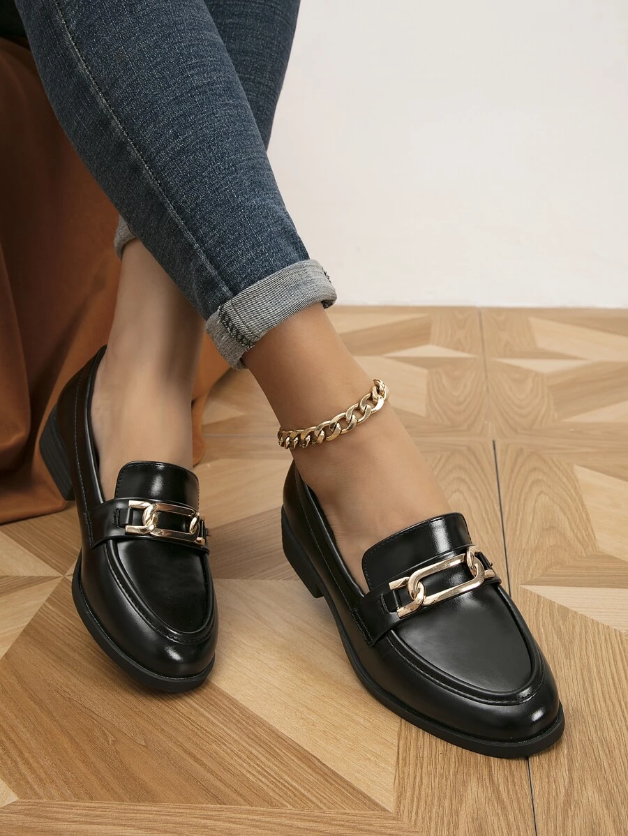 Metal Decor Flat Loafers - Black - View 1