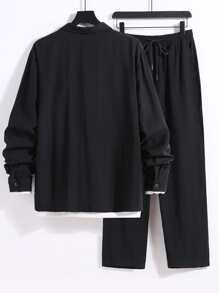 Manfinity Homme Men Solid Button Front Shirt & Drawstring Waist Pants Without Tee - Black - View 2