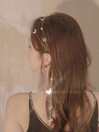 1件装婚礼蝴蝶发箍水晶流苏发箍女士闪亮水钻假耳环发链发圈发饰女士和女孩发带