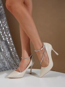 Rhinestone Decor Point Toe Stiletto Heeled Ankle Strap Pumps - Apricot - View 1