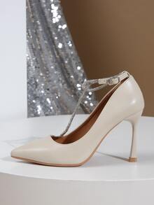 Rhinestone Decor Point Toe Stiletto Heeled Ankle Strap Pumps - Apricot - View 2