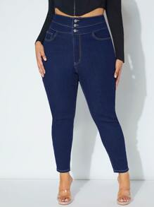 SHEIN SXY 大碼高腰緊身牛仔褲 - 深色水洗藍 - 查看 3