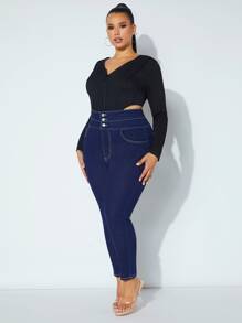 SHEIN SXY 大碼高腰緊身牛仔褲 - 深色水洗藍 - 查看 1