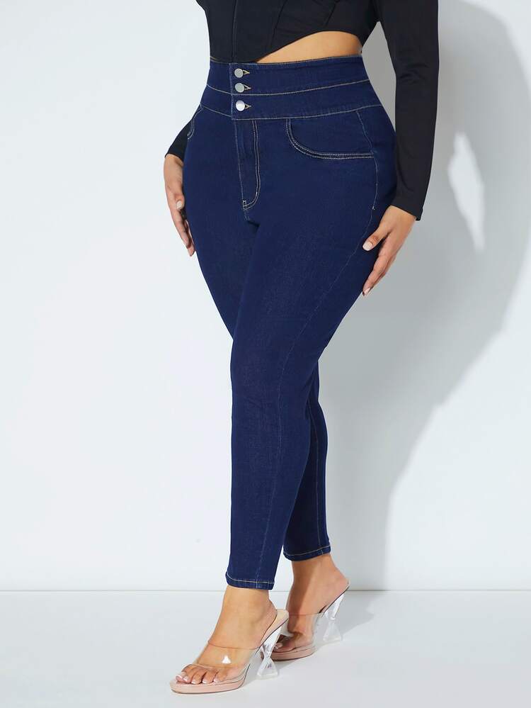 SHEIN SXY Quần Denim kích thước lớn Nút Túi Dây kéo màu trơn - Rửa tối - Xem 4