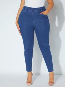 SHEIN SXY 大碼彈性腰帶緊身牛仔褲 - 深色水洗藍 - 查看 1