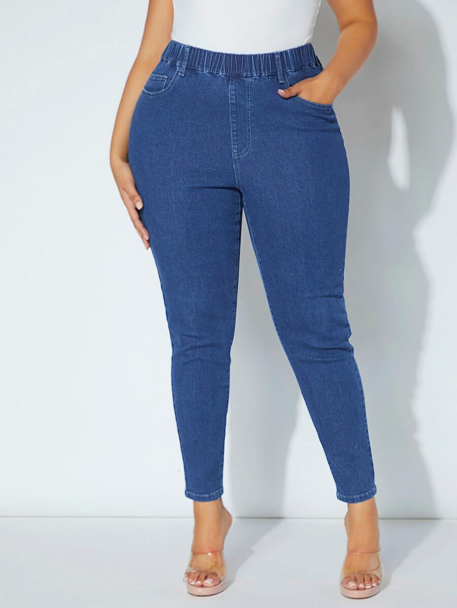 SHEIN SXY 大碼彈性腰帶緊身牛仔褲 - 深色水洗藍 - 查看 1