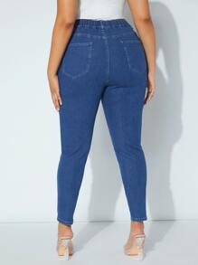 SHEIN SXY 大碼彈性腰帶緊身牛仔褲 - 深色水洗藍 - 查看 2