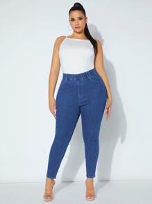 SHEIN SXY 大碼彈性腰帶緊身牛仔褲 - 深色水洗藍 - 查看 4