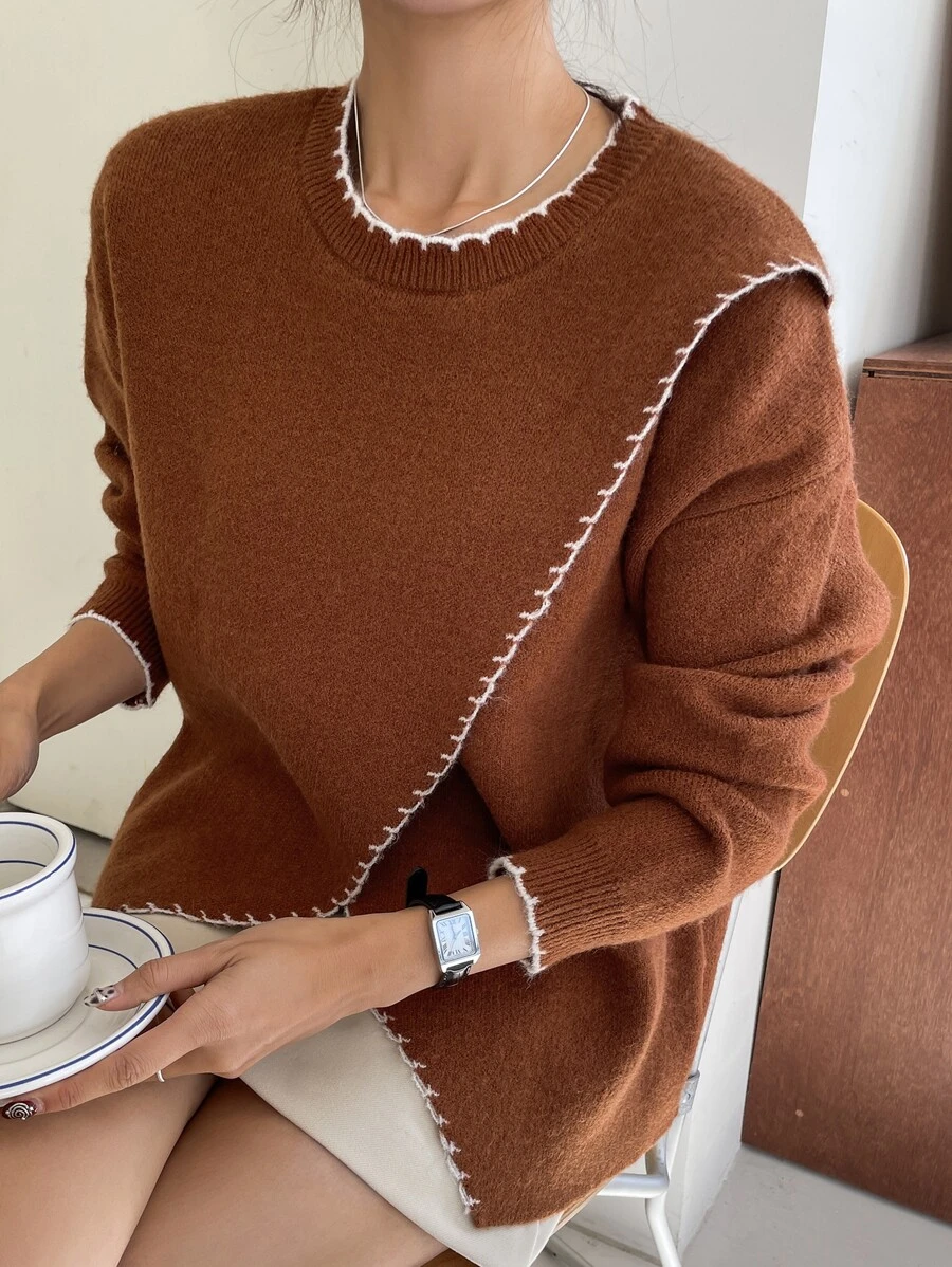 DAZY Whipstitch Detail Wrap Front Jumper - Brown - View 1