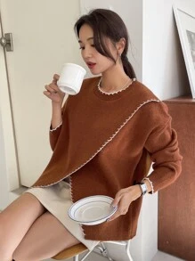 DAZY Whipstitch Detail Wrap Front Jumper - Brown - View 3