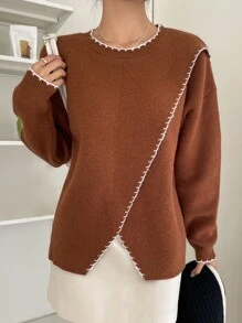 DAZY Whipstitch Detail Wrap Front Jumper - Brown - View 6