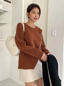 DAZY Whipstitch Detail Wrap Front Jumper - Brown - View 7