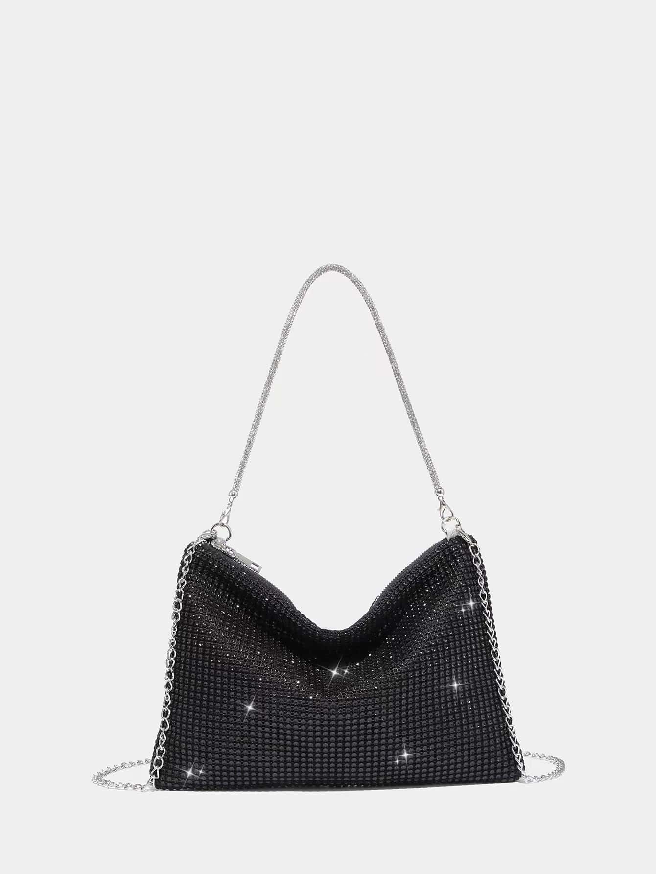 Bolso Glamoroso De Cadena Con Brillo, Lentejuela, Lujo, Brillo De Diamantes De Imitación, Bolso Hobo De Noche Decorado Con Cadena, Bolso De Cena Para Fiesta De Chicas, Mujeres, Novias, Perfecto Para Fiesta, Boda, Promoción, Cena / Banquete - Negro - Ver 1
