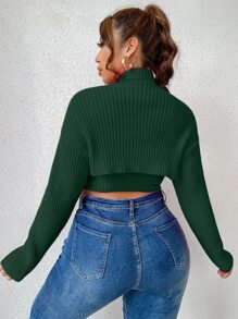 Plus Drop Shoulder Shrug Cardigan & Asymmetrical Hem Knit Top - Dark Green - View 2