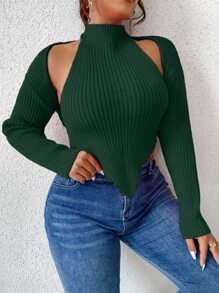Plus Drop Shoulder Shrug Cardigan & Asymmetrical Hem Knit Top - Dark Green - View 5