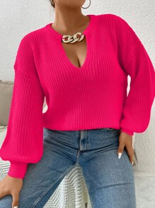 Celure Áo len cỡ lớn với chi tiết dây xích, cổ khoét lỗ, vai rũ và tay áo ôm sát, kiểu dáng áo chui đầu mùa thu đông. - Màu Hồng Tươi - Xem 4