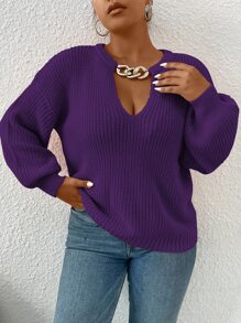 Celure Plus Chain Detail Choker Neck Drop Shoulder Jumper - Violet Purple - View 4