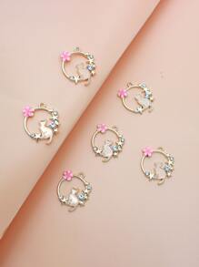 6pcs Alloy Cat & Flower Decor Circle DIY Pendant