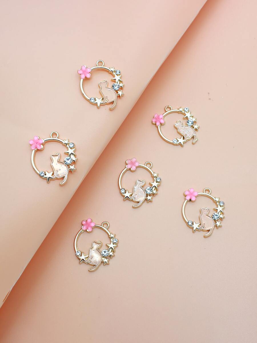 6pcs Alloy Cat & Flower Decor Circle DIY Pendant