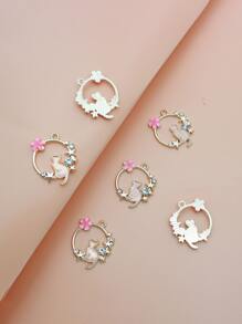 6pcs Alloy Cat & Flower Decor Circle DIY Pendant