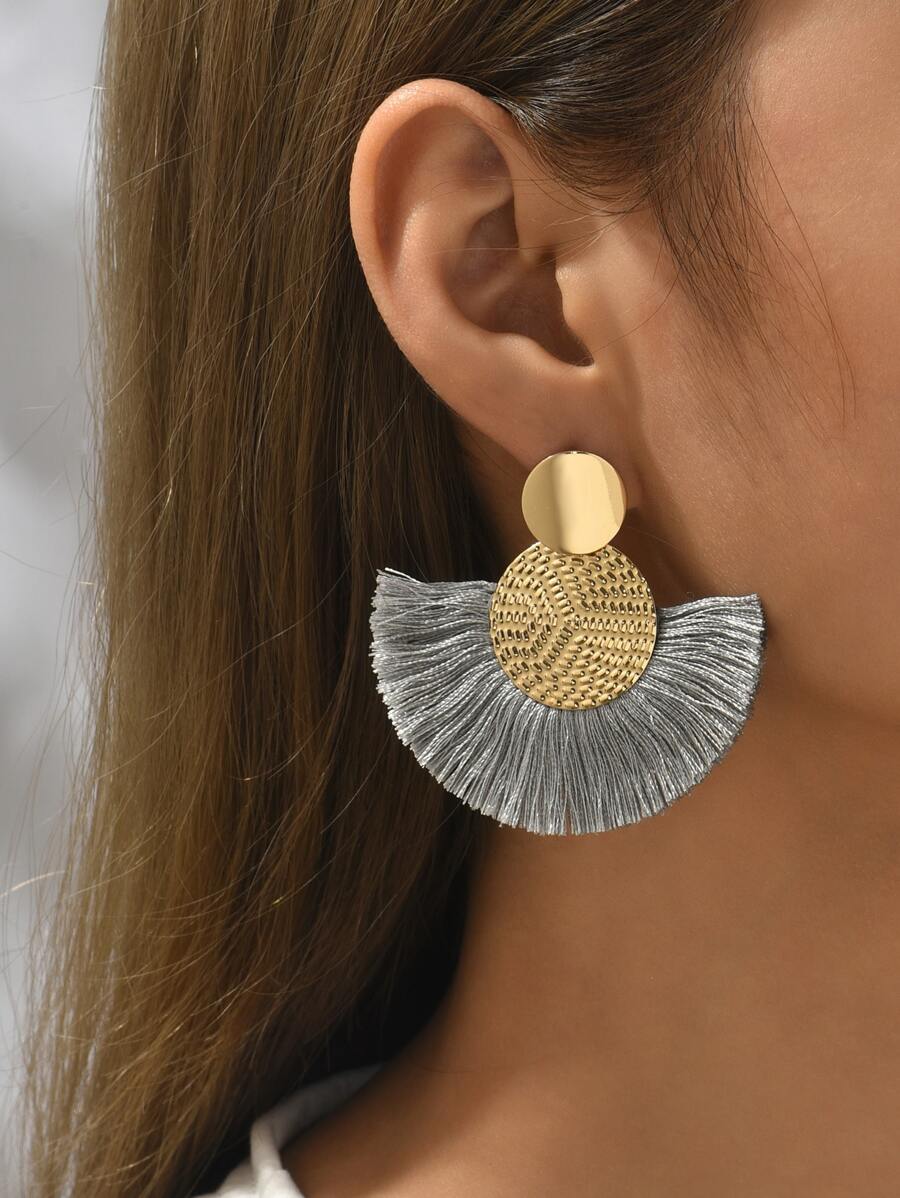 Round Decor Tassel Drop Earrings - Grey - View 1