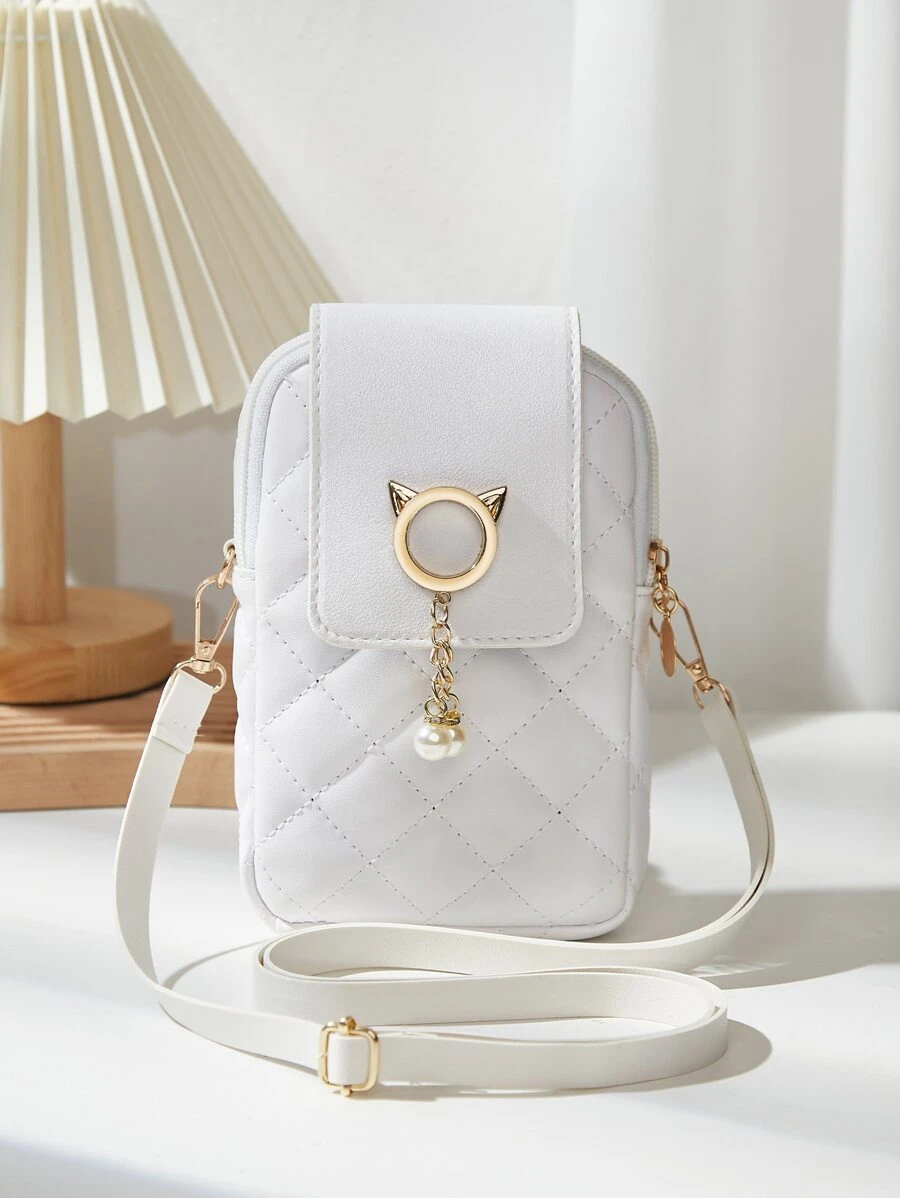 New Rhombus Quilted Phone Pouch Coin Purse Shoulder Crossbody Mini Bag - White - View 1