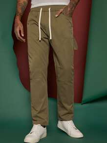 Manfinity Men Drawstring Waist Flap Pocket Cargo Trousers - Khaki - View 1