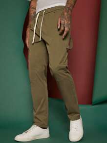 Manfinity Men Drawstring Waist Flap Pocket Cargo Trousers - Khaki - View 4