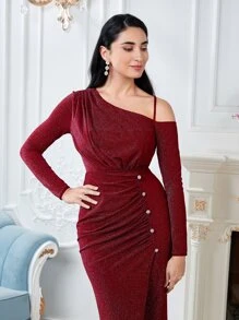 Modelyn Vestido de escote asimétrico fruncido con brillos, de color rojo borgoña - Burdeos - Ver 5