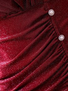 Modelyn Vestido de escote asimétrico fruncido con brillos, de color rojo borgoña - Burdeos - Ver 6