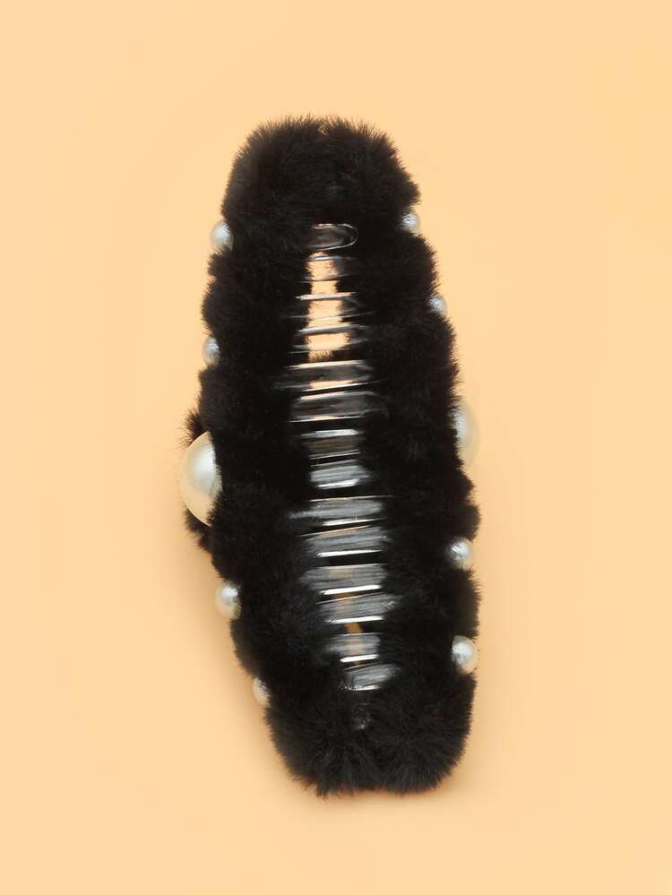 Faux Pearl Decor Fuzzy Hair Claw - Black - View 3