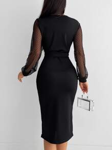 EURMUSE Contrast Dobby Mesh Lantern Sleeve Overlap Collar Belted Bodycon Dress - Black - View 2