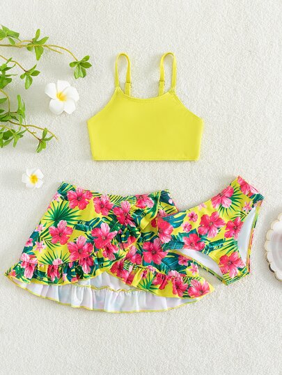 SHEIN 年轻女孩花卉印花荷叶边比基尼套装搭配沙滩裙夏季海滩