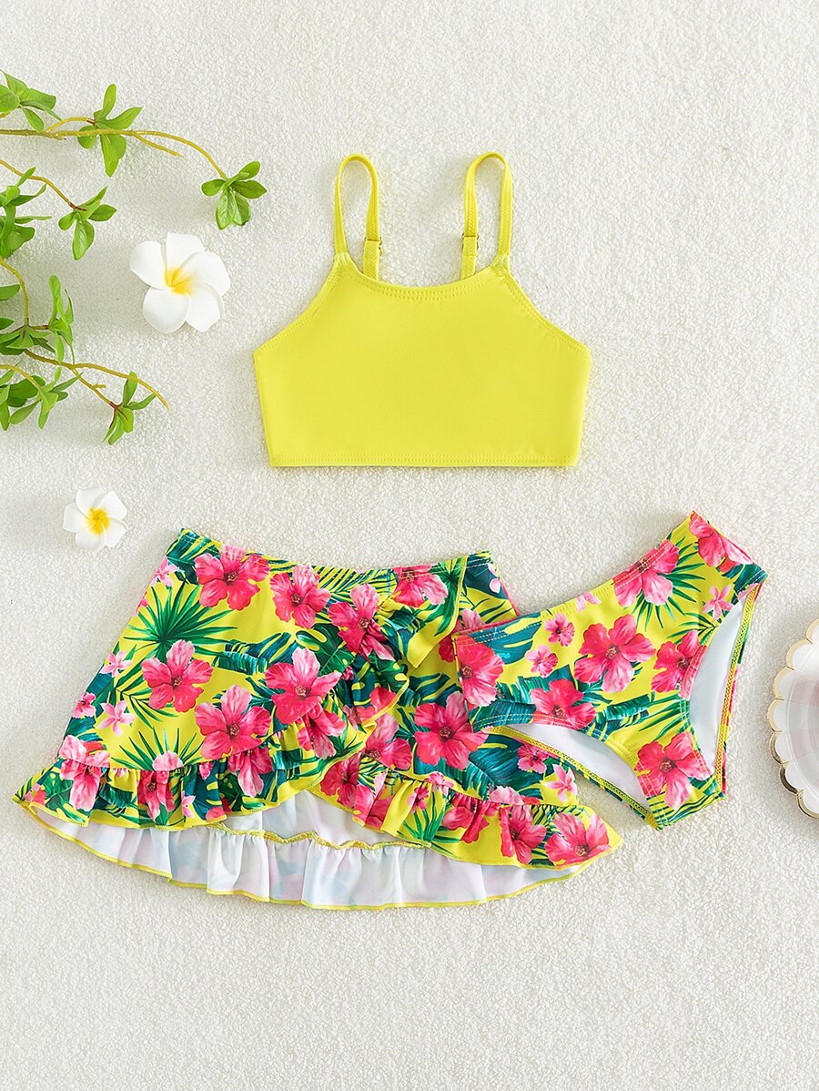 SHEIN 年轻女孩花卉印花荷叶边比基尼套装搭配沙滩裙夏季海滩