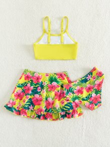 SHEIN 年轻女孩花卉印花荷叶边比基尼套装搭配沙滩裙夏季海滩