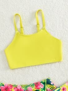 SHEIN 年轻女孩花卉印花荷叶边比基尼套装搭配沙滩裙夏季海滩