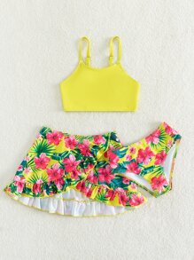 SHEIN 年轻女孩花卉印花荷叶边比基尼套装搭配沙滩裙夏季海滩