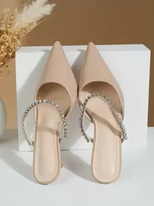 春夏女士裸色穆勒鞋，带水钻装饰和白色水钻，闪亮五金配件，高跟鞋，露趾，细高跟和凉鞋。