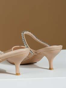 春夏女士裸色穆勒鞋，带水钻装饰和白色水钻，闪亮五金配件，高跟鞋，露趾，细高跟和凉鞋。