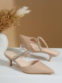 春夏女士裸色穆勒鞋，带水钻装饰和白色水钻，闪亮五金配件，高跟鞋，露趾，细高跟和凉鞋。
