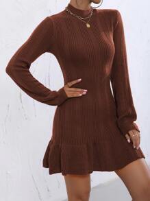 SHEIN Unity Mock Neck Ruffle Hem Jumper Dress Without Belt - Coffee Brown - View 4