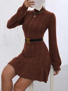 SHEIN Unity Mock Neck Ruffle Hem Jumper Dress Without Belt - Coffee Brown - View 5