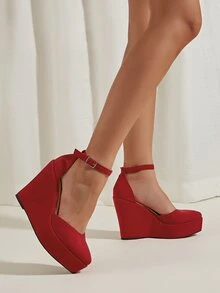 Faux Suede Ankle Strap Court Wedges - Burgundy - View 2