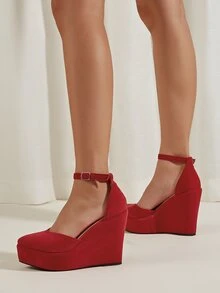 Faux Suede Ankle Strap Court Wedges - Burgundy - View 3