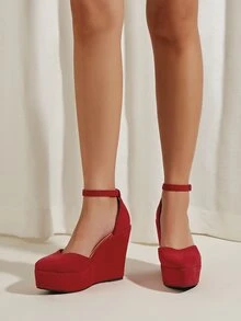Faux Suede Ankle Strap Court Wedges - Burgundy - View 4