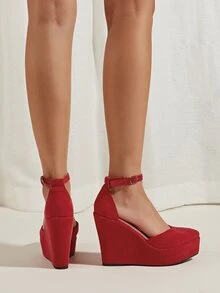 Faux Suede Ankle Strap Court Wedges - Burgundy - View 5