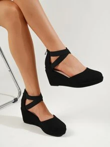 交叉仿麂皮踝帶淺口坡跟鞋 - 黑色 - 查看 5