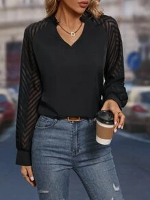 SHEIN Clasi Blusa de malla en contraste de manga obispo - Negro - Ver 3