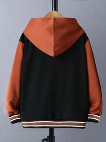 Boys Letter Graphic Striped Trim Colourblock Drop Shoulder Hooded Jacket Without Tee - Multicolor - View 2